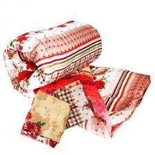 Couette 2Places avec 2Taie D’Oreiller Beige Fleurie Rouge