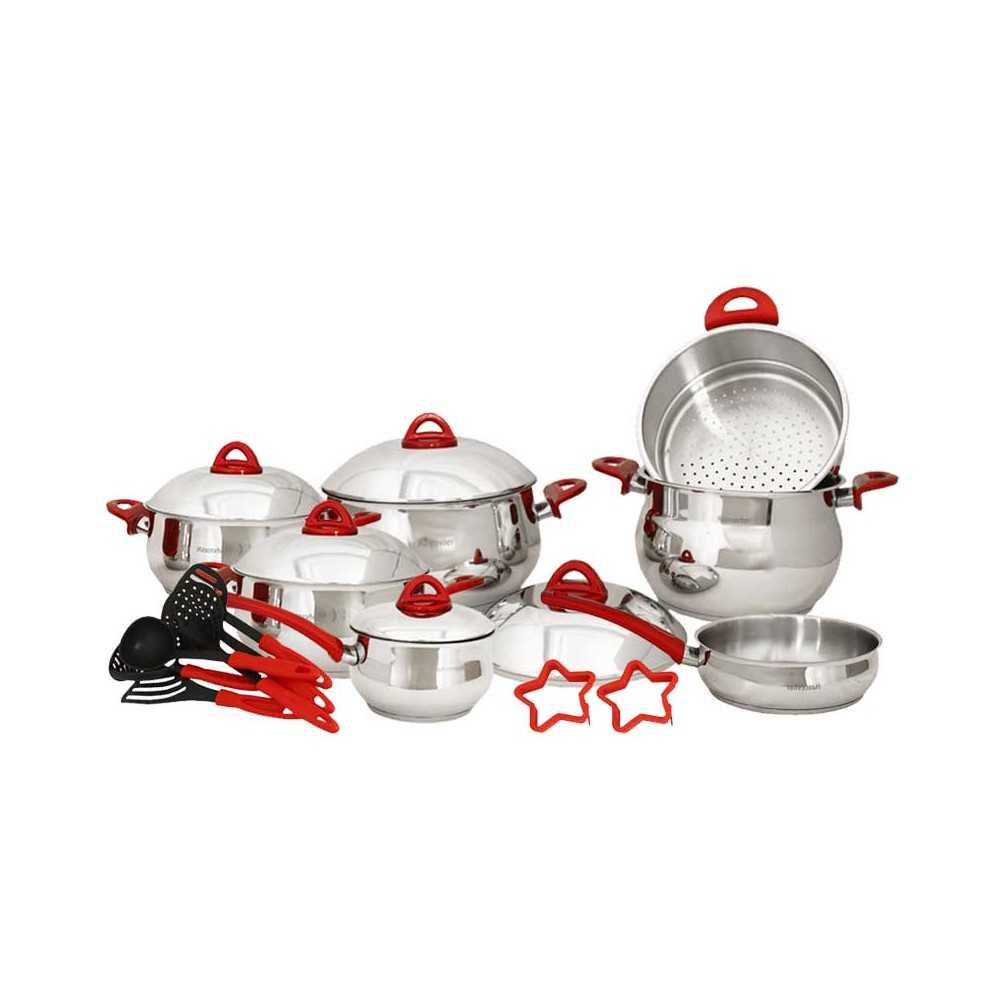 Ensemble Batterie de Cuisine Inox 18/10 20 pièces Rouge - BCI20P-R