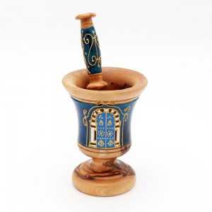 Mortier avec pilon traditionnel petit bleu en bois d'olivier
