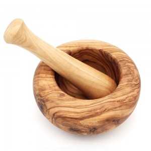 Mortier rond fini avec pilon en bois d'olivier