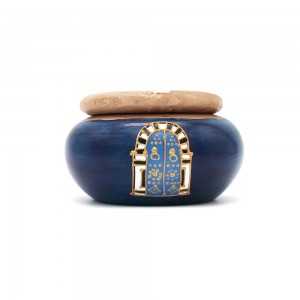 Cendrier traditionnel rond avec couvercle bleu en bois d'olivier