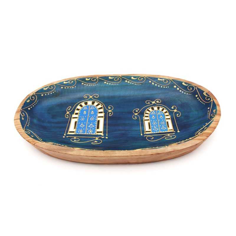 Ravier ovale traditionnel bleu en bois d'olivier