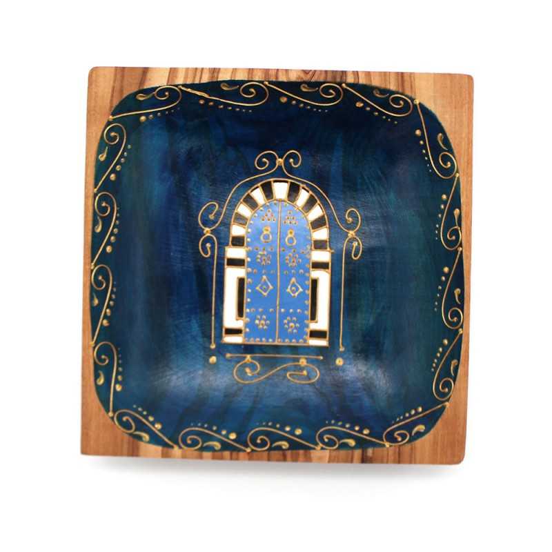 Ravier traditionnel forme carré bleu en bois d'olivier