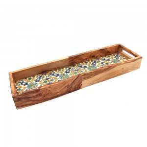Grand plateau rectangulaire en bois d’olivier et faïence bleu/ jaune