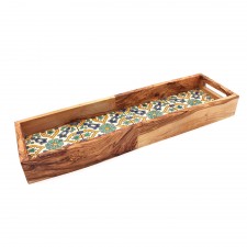 Grand plateau rectangulaire en bois d’olivier et faïence bleu/ jaune