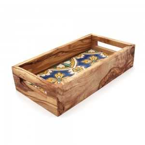Mini plateau rectangulaire en bois d’olivier et faïence bleu/ jaune