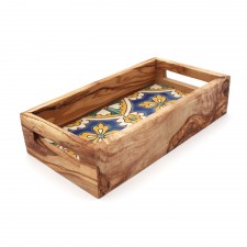 Mini plateau rectangulaire en bois d’olivier et faïence bleu/ jaune