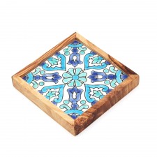 Dessous de plat en bois d’olivier et faïence bleu/ vert d'eau