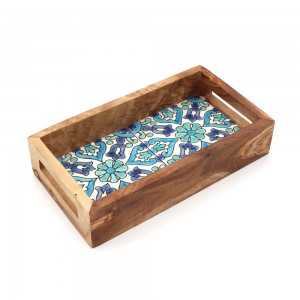 Mini plateau rectangulaire en bois d’olivier et faïence bleu/ vert d'eau