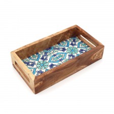 Mini plateau rectangulaire en bois d’olivier et faïence bleu/ vert d'eau