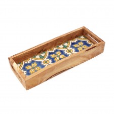 Plateau rectangulaire moyenne en bois d’olivier et faïence bleu/ jaune
