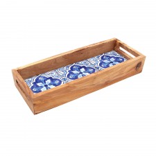 Plateau rectangulaire moyenne en bois d’olivier et faïence bleu