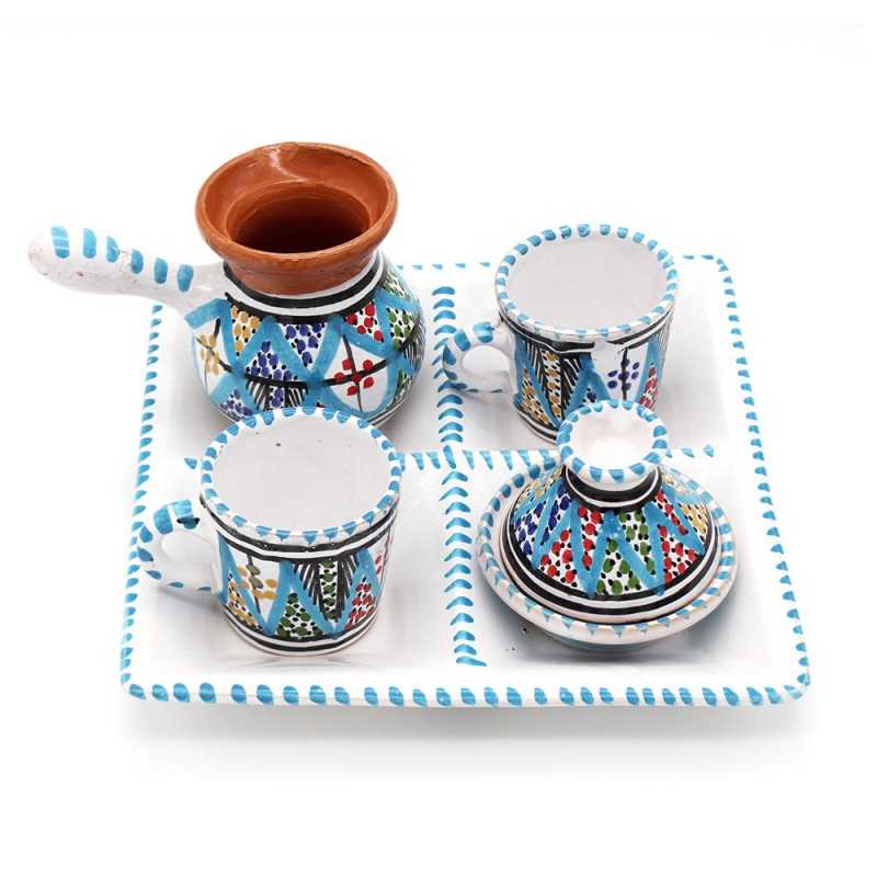 Ensemble service à café turc en céramique 5 pièces 2 personnes Bleu clair-Blanc