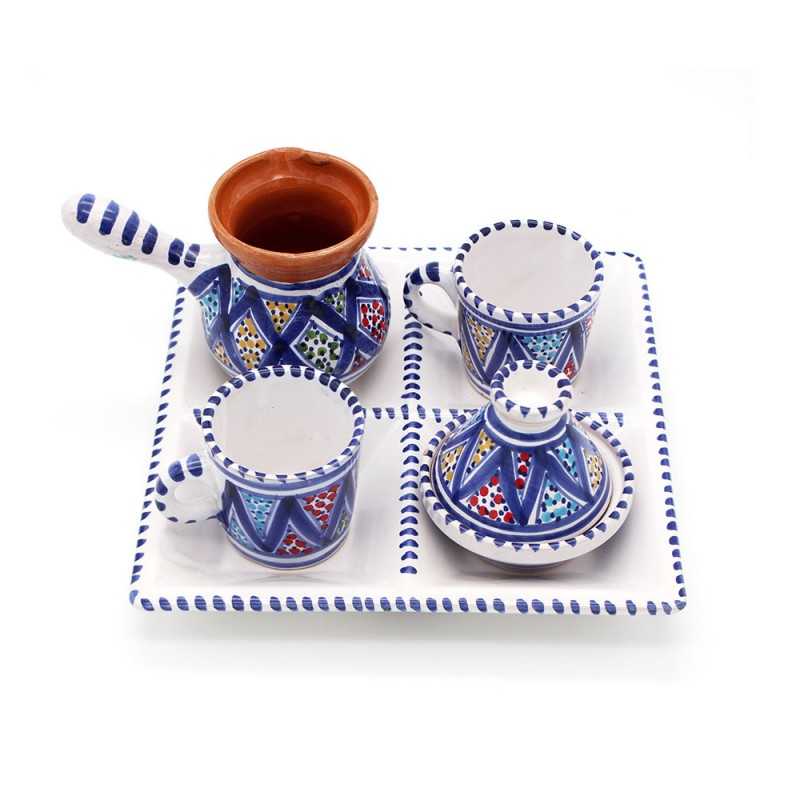 Ensemble service à café turc en céramique 5 pièces 2 personnes Bleu -Blanc