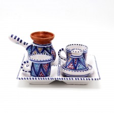 Ensemble service à café turc en céramique 5 pièces 2 personnes Bleu -Blanc