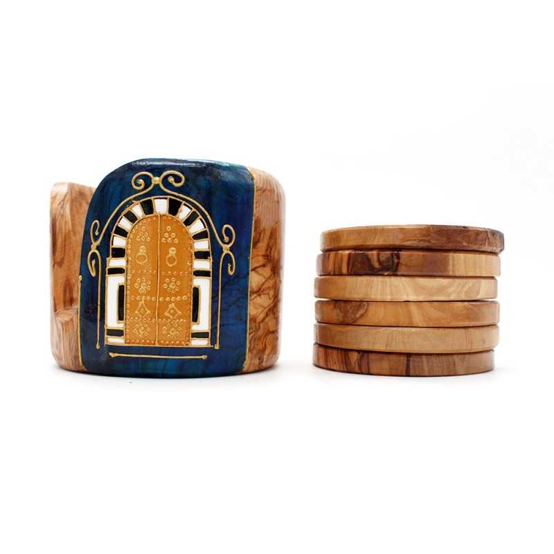 Lot de 6 Sous tasses ronds en bois d'olivier traditionnel bleu Avec boîte de rangement