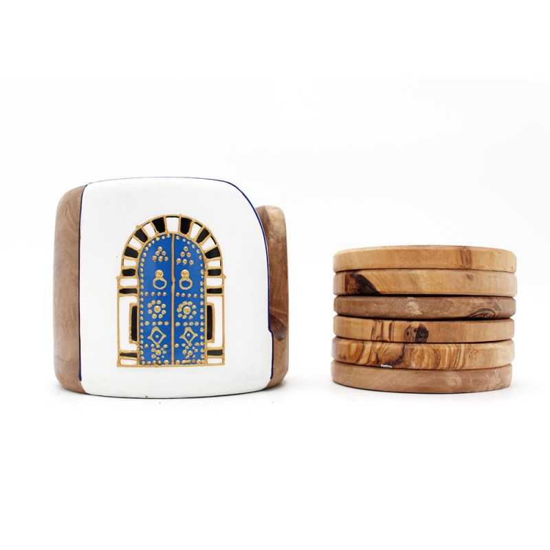 Lot de 6 Sous tasses ronds en bois d'olivier traditionnel blanc Avec boîte de rangement