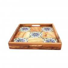 Grand plateau forme carré en bois d’olivier et faïence bleu- vert