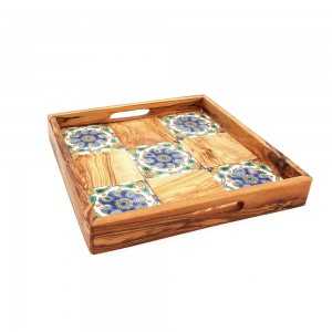 Grand plateau forme carré en bois d’olivier et faïence bleu- vert