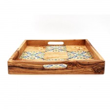 Grand plateau forme carré en bois d’olivier et faïence jaune- vert d'eau