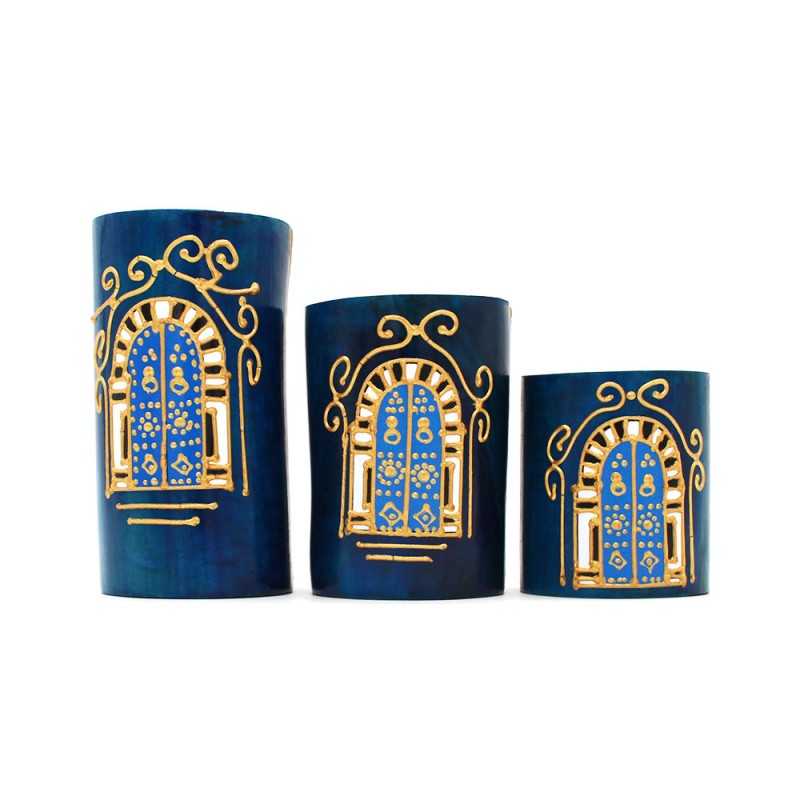Lot de trois portes bougies bleues en bois d’Olivier