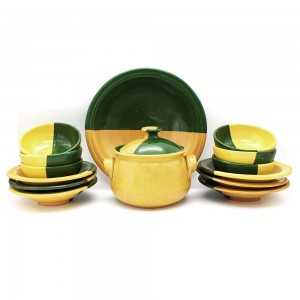 Services À Table 15 Pièces En Céramique Pour 6 Personne Vert-Jaune