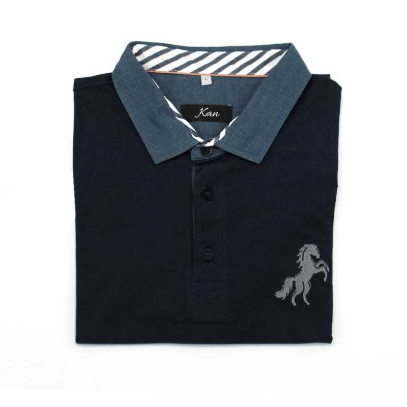 Pull polo homme demi manche coton Kan - Bleu Marine