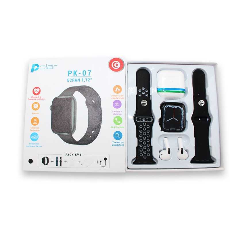 Pack Smart Watch PK-07 +Écouteurs Bluetooth Sans FIL + 2 Ceintures Noir