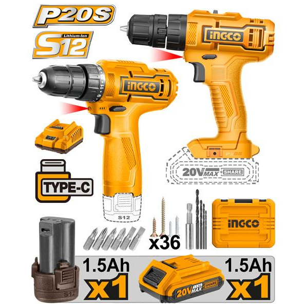 Perceuse lithium-lon sans fil 2 kit combiné de pièces INGCO