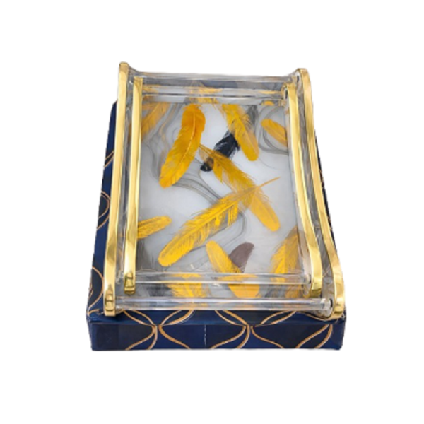 2 Plateau Motif Plumes Dorées