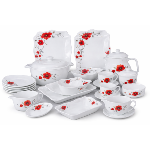 Service à Table 72 Pièces Motif Fleur Rouge