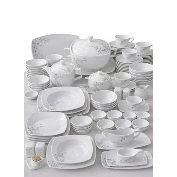 Service à Table 103 Pièces Porcelaine Motif floral gris élégant