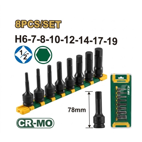 Jeu de 8PCS de douilles à embouts hexagonaux 1/2" JADEVER
