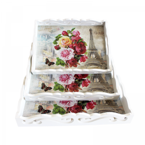 Ensemble de 3 Plateaux en Bois Peint et Décortion - Blanc B - Vente...
