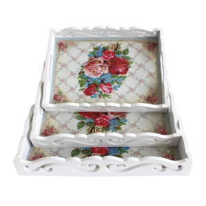 Ensemble de 3 Plateaux en Bois Peint et Décoration - Blanc C - Vent...
