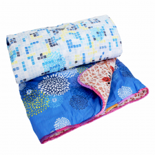 Couette 2 Places Double Face Imprimé Fleurie Bleu