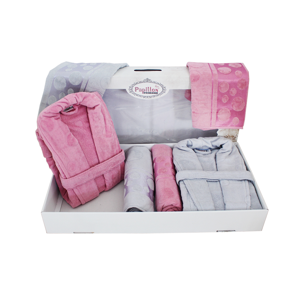 Set de Bain Homme et Femme 6 Pièces Cotton PAPILLON Gris-Rose - Ven