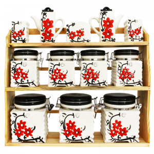 Set De 12 Pots à épices Fleurie Blanc-Noir Avec Support en Bois - S...