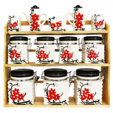 Set De 12 Pots à épices Fleurie Blanc-Noir Avec Support en Bois - SBS