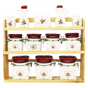 Set De 12 Pots à épices Blanc-Rouge Avec Support en Bois - SBS - Ve...