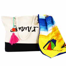 Pack Plage : Sac Beige Noir + Serviette Bleu Vert SM-BLV