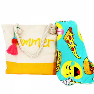 Pack Plage : Sac Beige Jaune + Serviette Bleu Ciel Imprimé SM-BLC -...