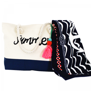 Pack Plage : Sac Beige Bleu + Serviette Bleu Blanc SM-BLW - Vente e...