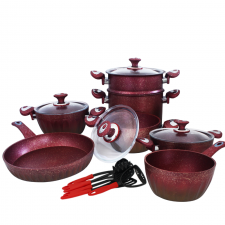 Ensemble de Batterie de Cuisine Granite 17Pièces HASCEVHER Rouge Gold
