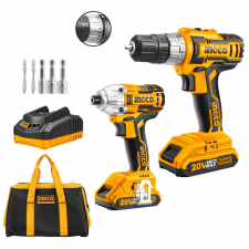 Perceuse Visseuse Sans Fil & Visseuse à chocs sans fil avec 2 Batteries 20V et sac a outils INGCO