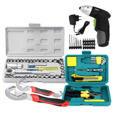 Pack d’outils Bricolage : Perceuse + Coffret Clés Douilles + 2Clés Bent + Boite à Outils 10Pièces